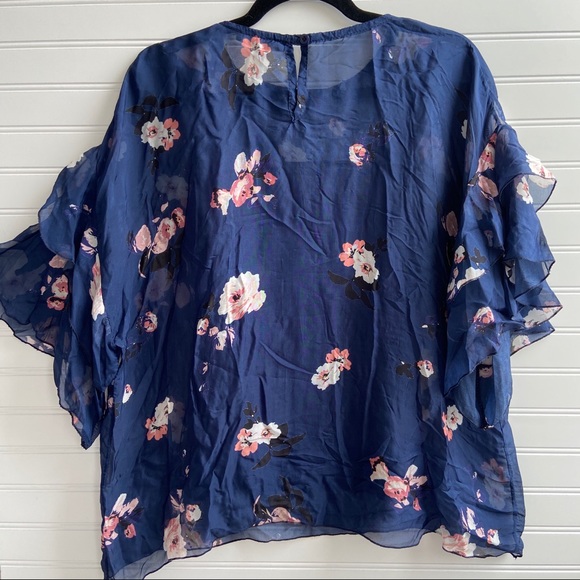 Lola Blue Silk Floral Ruffle Sleeve Tiered Blouse - Picture 4 of 8